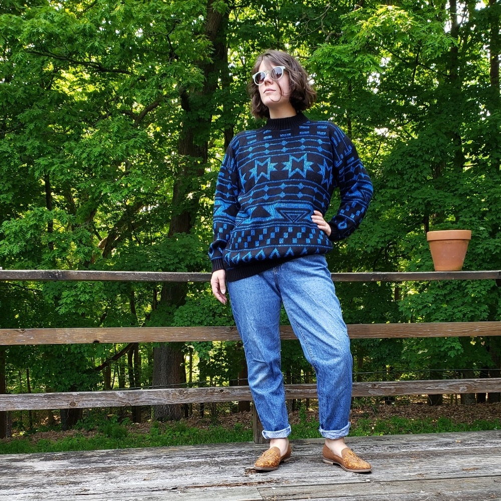 80's Blue Sparkle and Black Sweater - Large